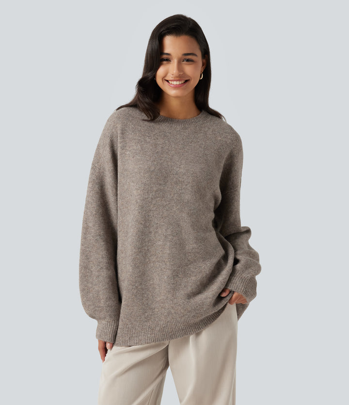 Round Neck Dropped Long Sleeve Work Wool-Blend Jumper — Simply Taupe — view 1