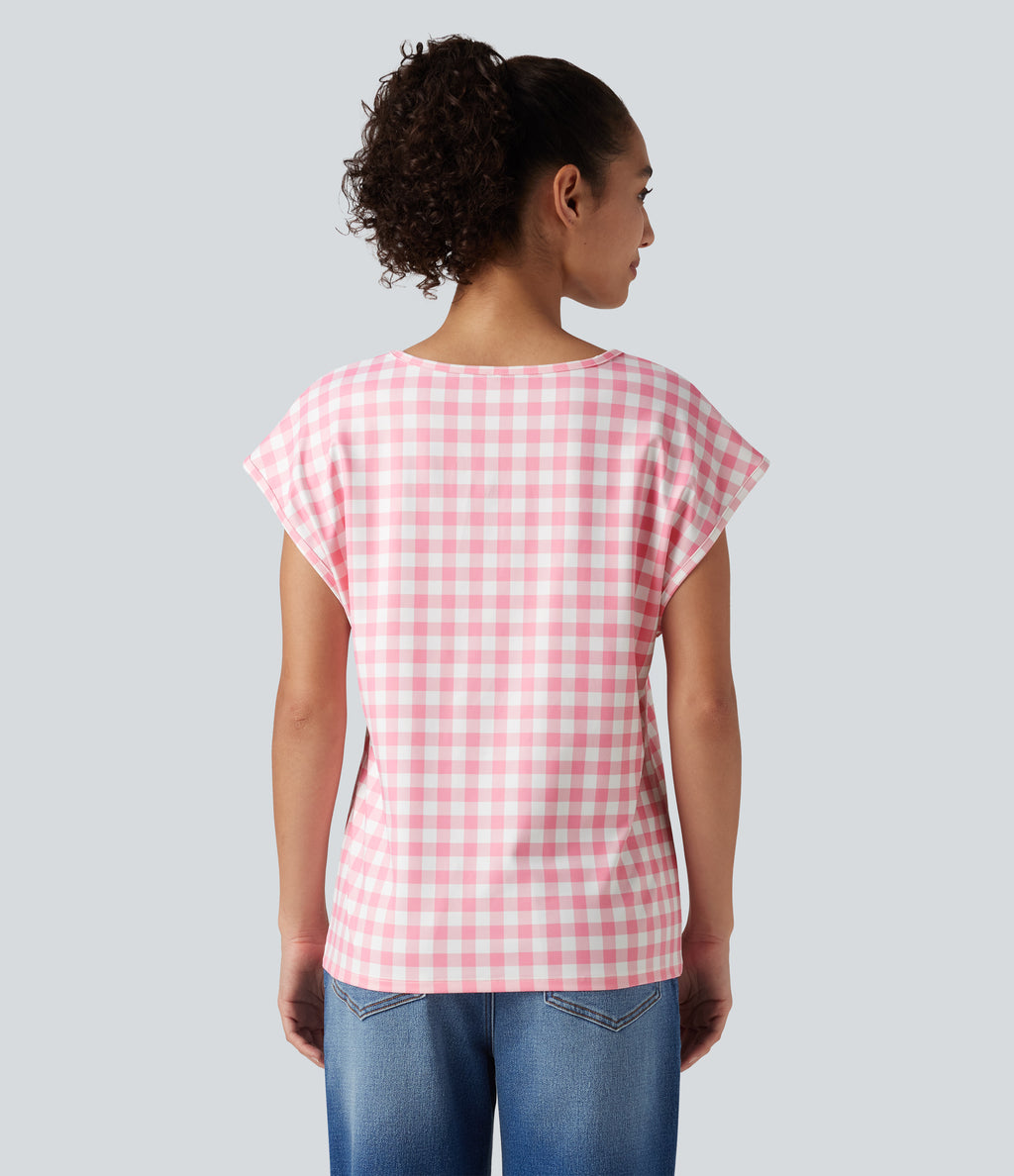 V Neck Cap Sleeve Plaid Casual T-Shirt — Berrycube check — view 2
