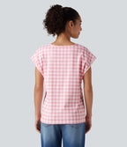 V Neck Cap Sleeve Plaid Casual T-Shirt — Berrycube check — view 2