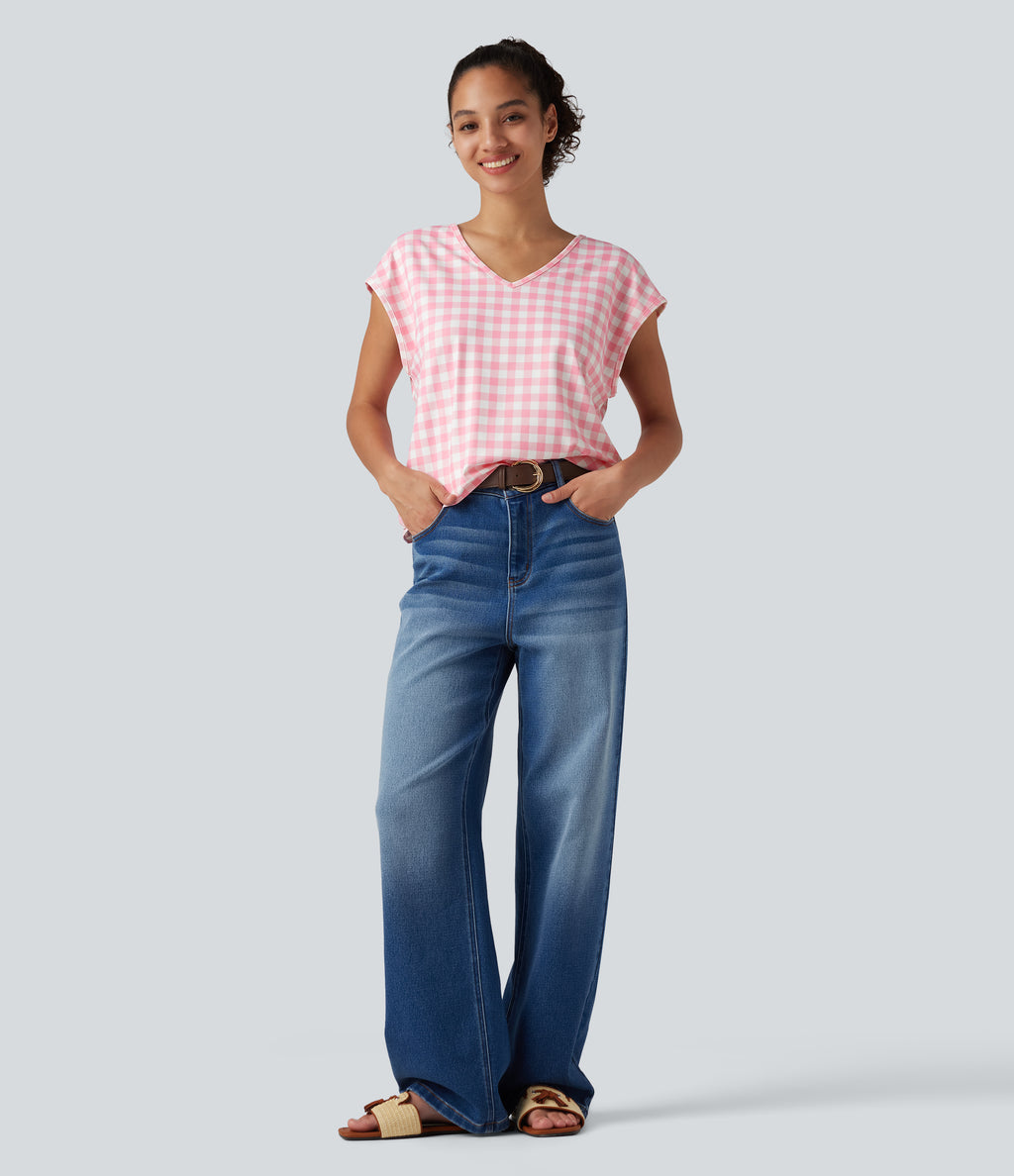 V Neck Cap Sleeve Plaid Casual T-Shirt — Berrycube check — view 7
