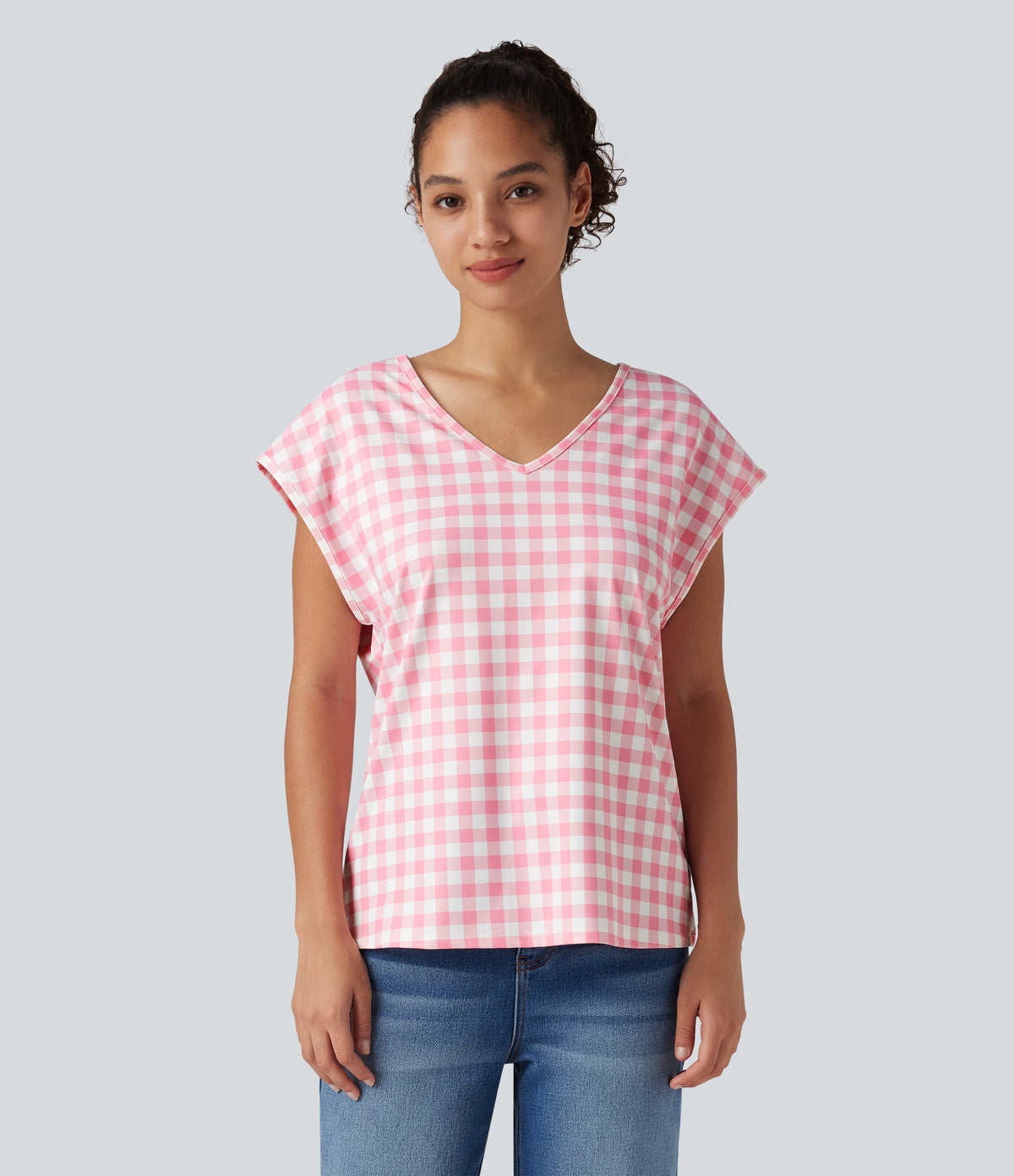 V Neck Cap Sleeve Plaid Casual T-Shirt — Berrycube check — view 4