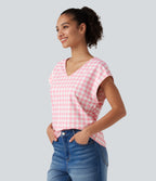 V Neck Cap Sleeve Plaid Casual T-Shirt — Berrycube check — view 3