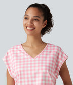 V Neck Cap Sleeve Plaid Casual T-Shirt — Berrycube check — view 5