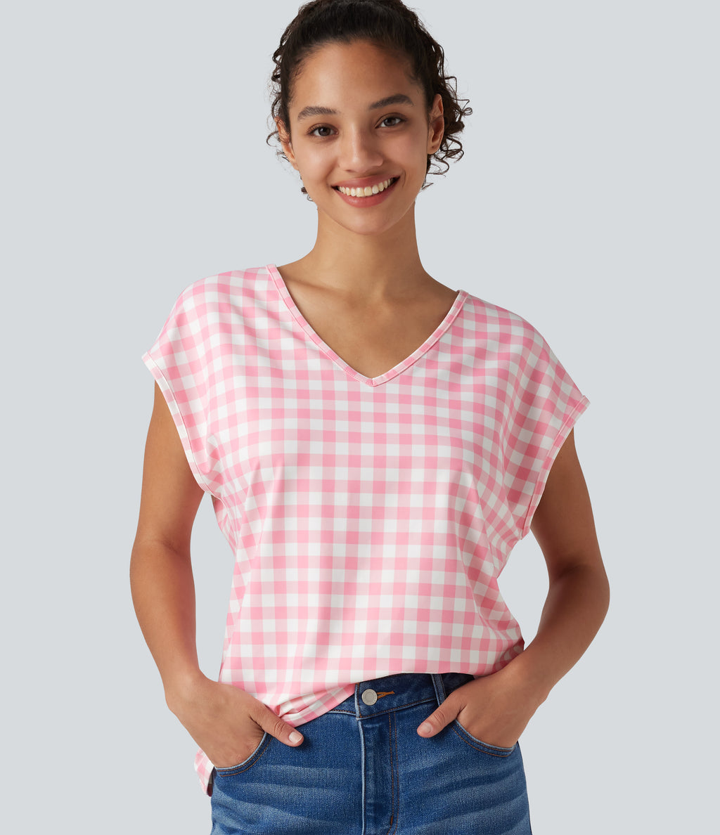 V Neck Cap Sleeve Plaid Casual T-Shirt — Berrycube check — view 1