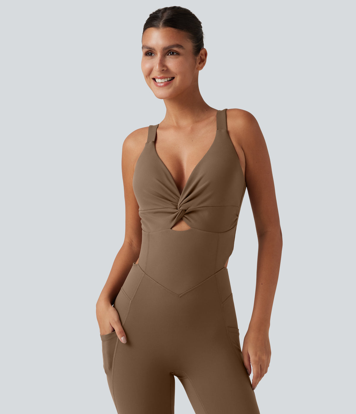V Neck Built-in Bra Workout Jumpsuit with Pockets-Edition — Sepia — view 4