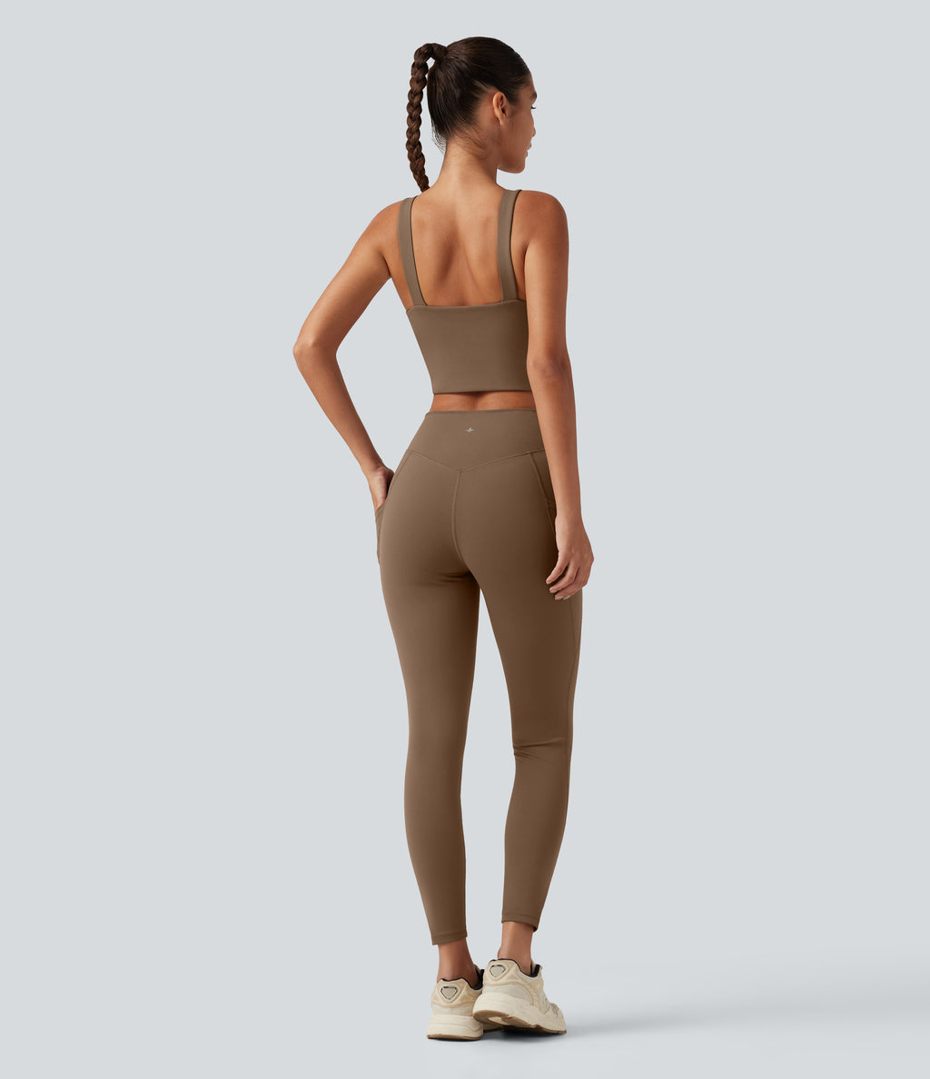 V Neck Built-in Bra Workout Jumpsuit with Pockets-Edition — Sepia — view 2