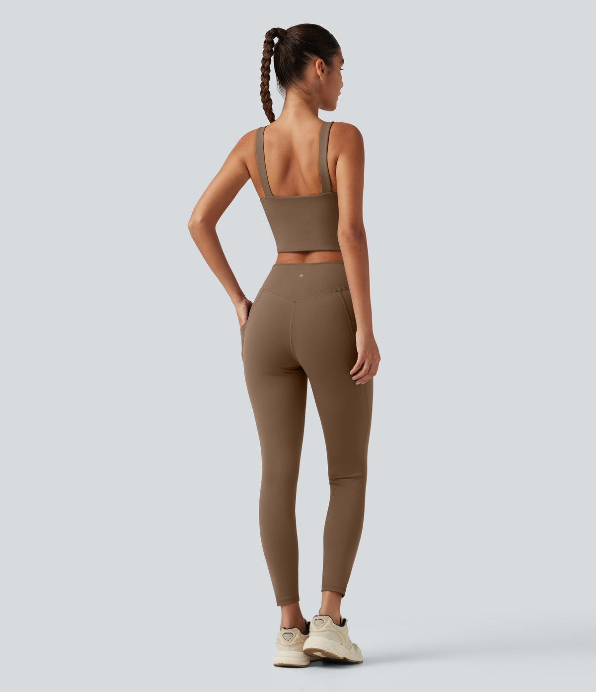 V Neck Built-in Bra Workout Jumpsuit with Pockets-Edition — Sepia — view 2