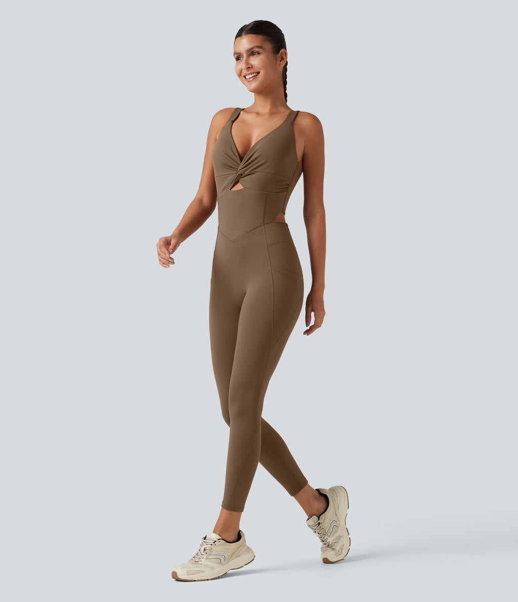 V Neck Built-in Bra Workout Jumpsuit with Pockets-Edition — Sepia — view 3