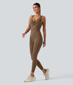 V Neck Built-in Bra Workout Jumpsuit with Pockets-Edition — Sepia — view 3