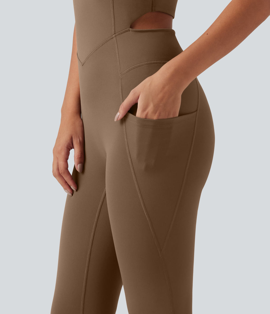 V Neck Built-in Bra Workout Jumpsuit with Pockets-Edition — Sepia — view 7