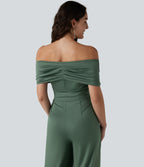 Off Shoulder Short Sleeve Built-in Bra Casual Jumpsuit with Pockets-Edition — Duck Green — view 5