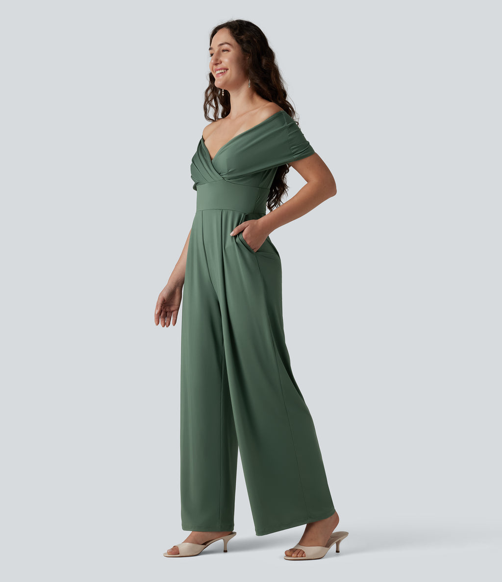 Off Shoulder Short Sleeve Built-in Bra Casual Jumpsuit with Pockets-Edition — Duck Green — view 3