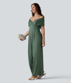 Off Shoulder Short Sleeve Built-in Bra Casual Jumpsuit with Pockets-Edition — Duck Green — view 7