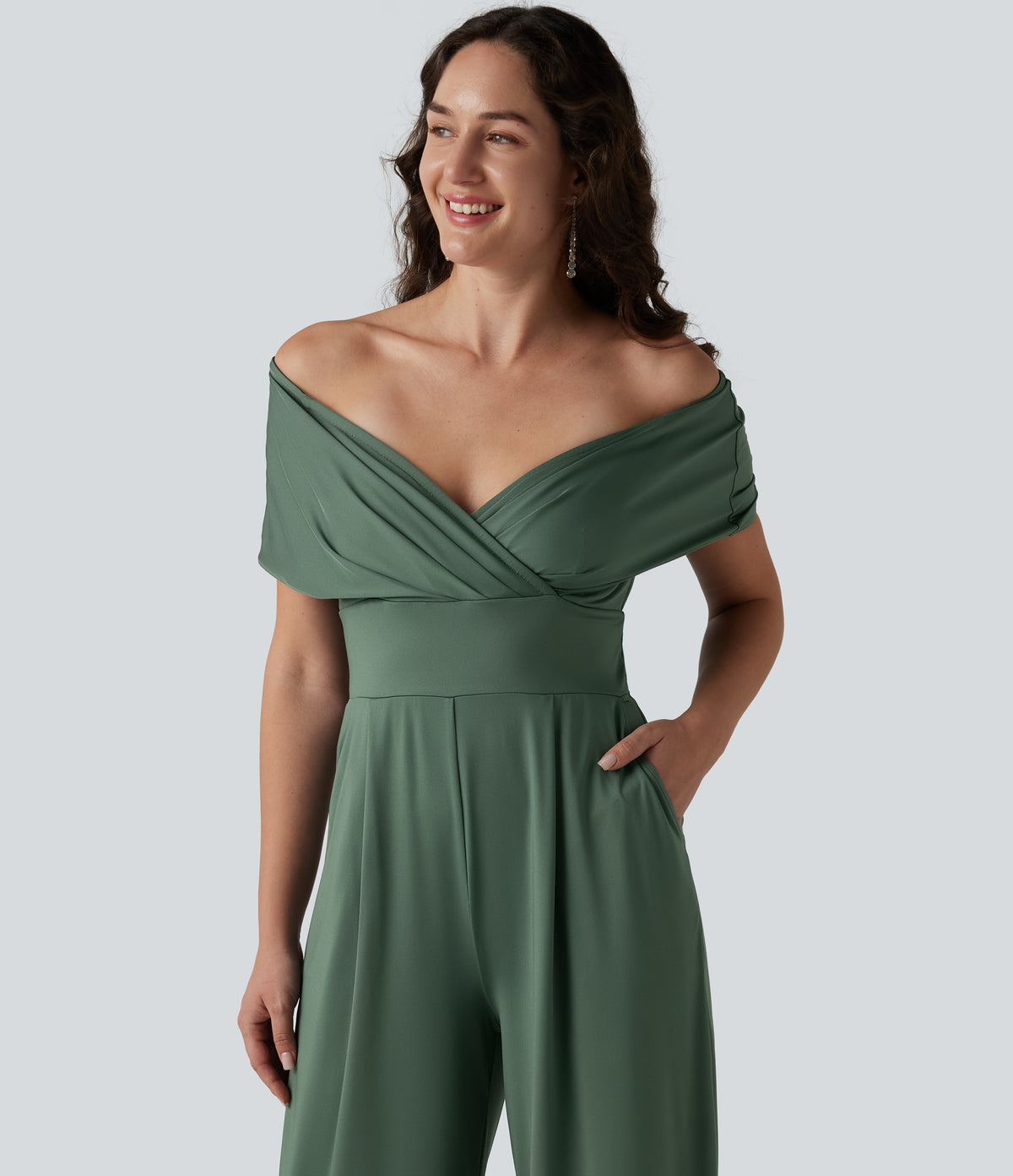 Off Shoulder Short Sleeve Built-in Bra Casual Jumpsuit with Pockets-Edition — Duck Green — view 4