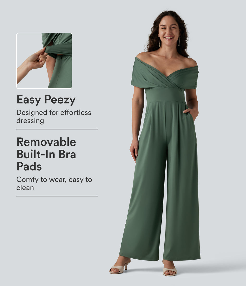 Off Shoulder Short Sleeve Built-in Bra Casual Jumpsuit with Pockets-Edition — Duck Green — view 1