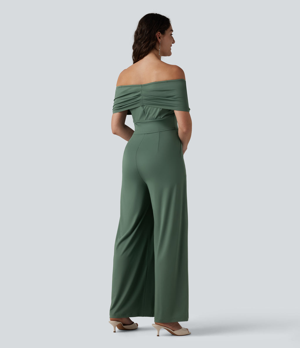 Off Shoulder Short Sleeve Built-in Bra Casual Jumpsuit with Pockets-Edition — Duck Green — view 2