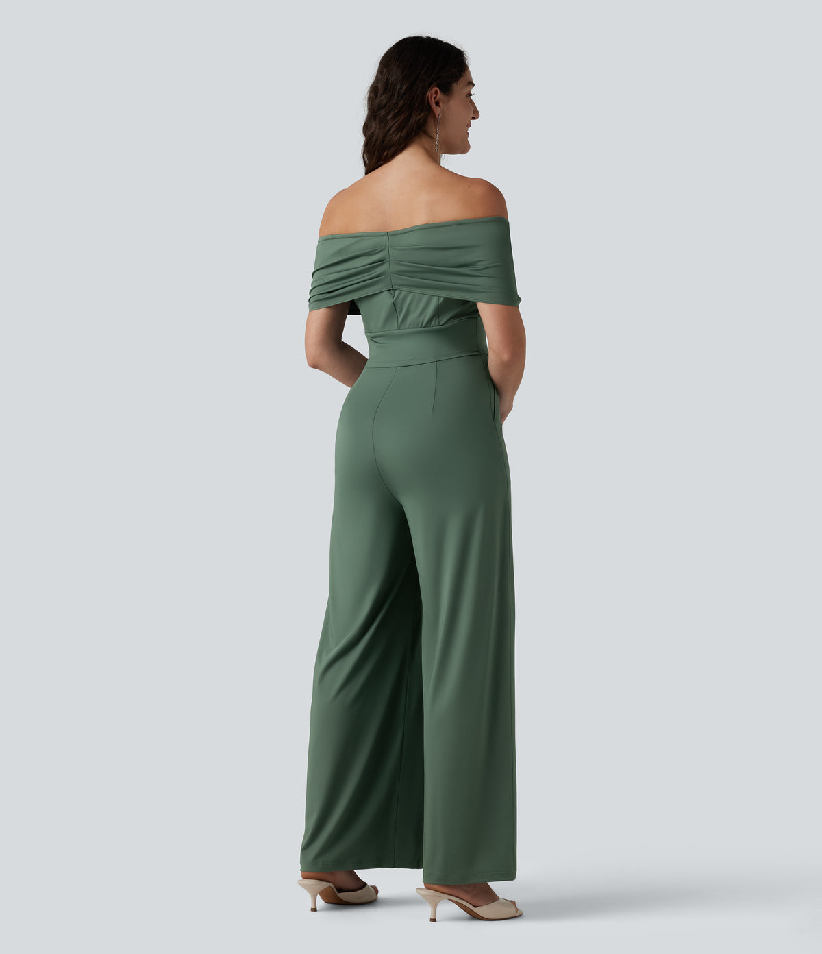 Off Shoulder Short Sleeve Built-in Bra Casual Jumpsuit with Pockets-Edition — Duck Green — view 2