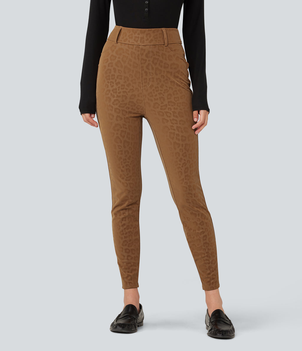 High Waisted Stretchy PU Leopard Print Fleece Casual Leggings with Pockets — Bronzed Tan — view 3