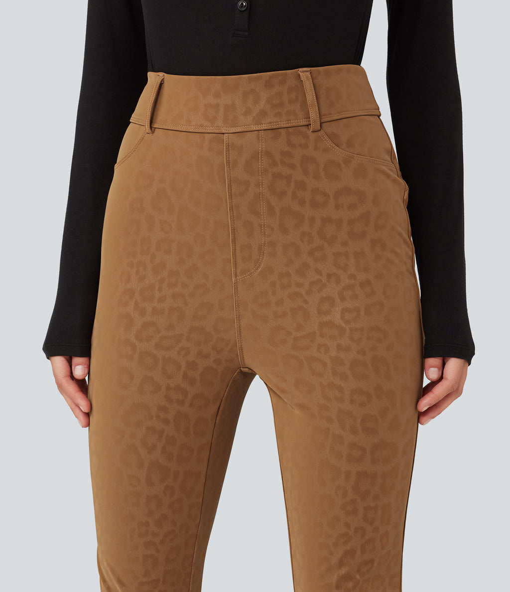 High Waisted Stretchy PU Leopard Print Fleece Casual Leggings with Pockets — Bronzed Tan — view 5