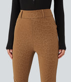 High Waisted Stretchy PU Leopard Print Fleece Casual Leggings with Pockets — Bronzed Tan — view 5