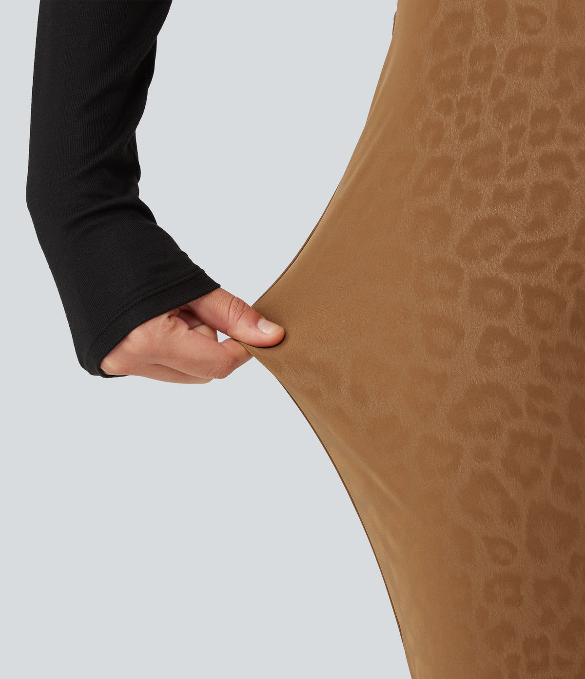 High Waisted Stretchy PU Leopard Print Fleece Casual Leggings with Pockets — Bronzed Tan — view 6