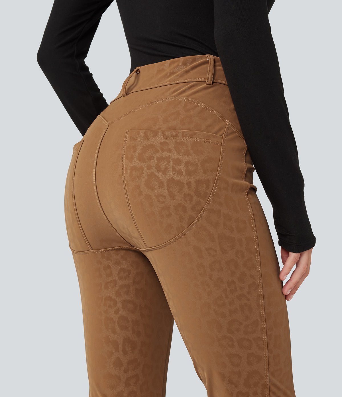 High Waisted Stretchy PU Leopard Print Fleece Casual Leggings with Pockets — Bronzed Tan — view 4