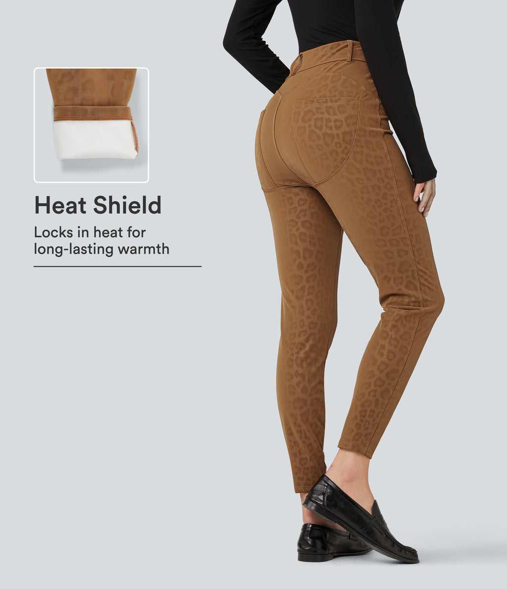 High Waisted Stretchy PU Leopard Print Fleece Casual Leggings with Pockets — Bronzed Tan — view 1