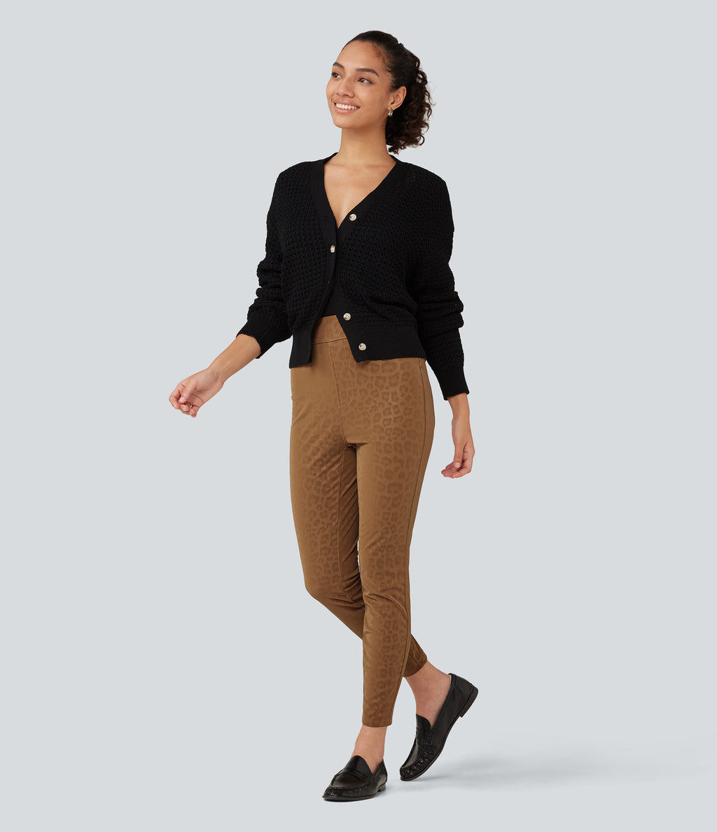 High Waisted Stretchy PU Leopard Print Fleece Casual Leggings with Pockets — Bronzed Tan — view 7