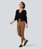 High Waisted Stretchy PU Leopard Print Fleece Casual Leggings with Pockets — Bronzed Tan — view 7