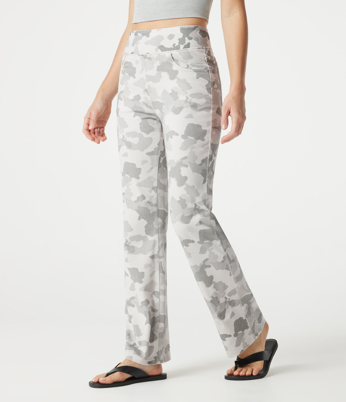 High Waisted Camo Bootcut Casual Jeans with Pockets — Camo – Light Grey White — view 3