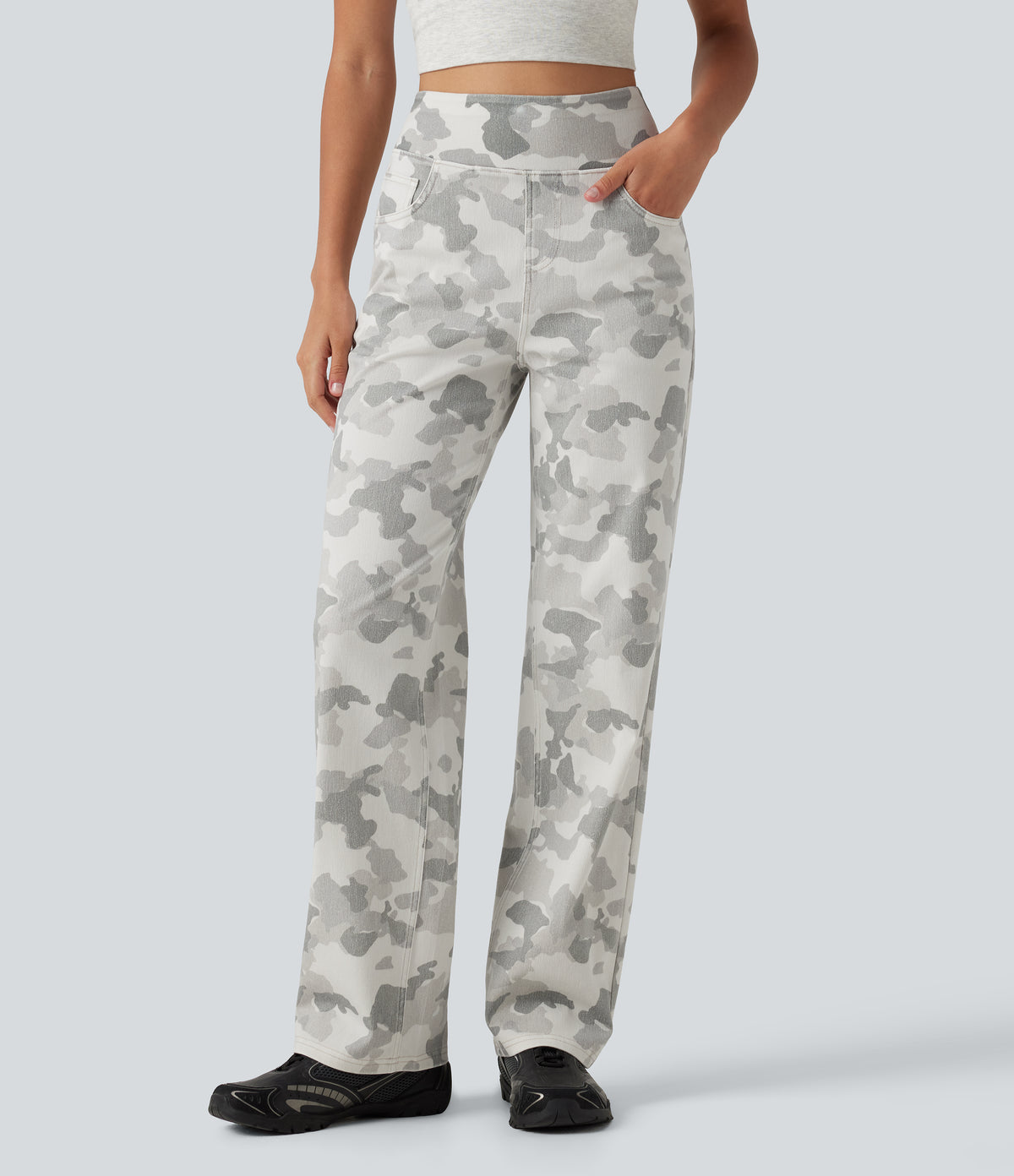High Waisted Straight Leg Camo Casual Jeans with Pockets — Camo – Light Grey White — view 1