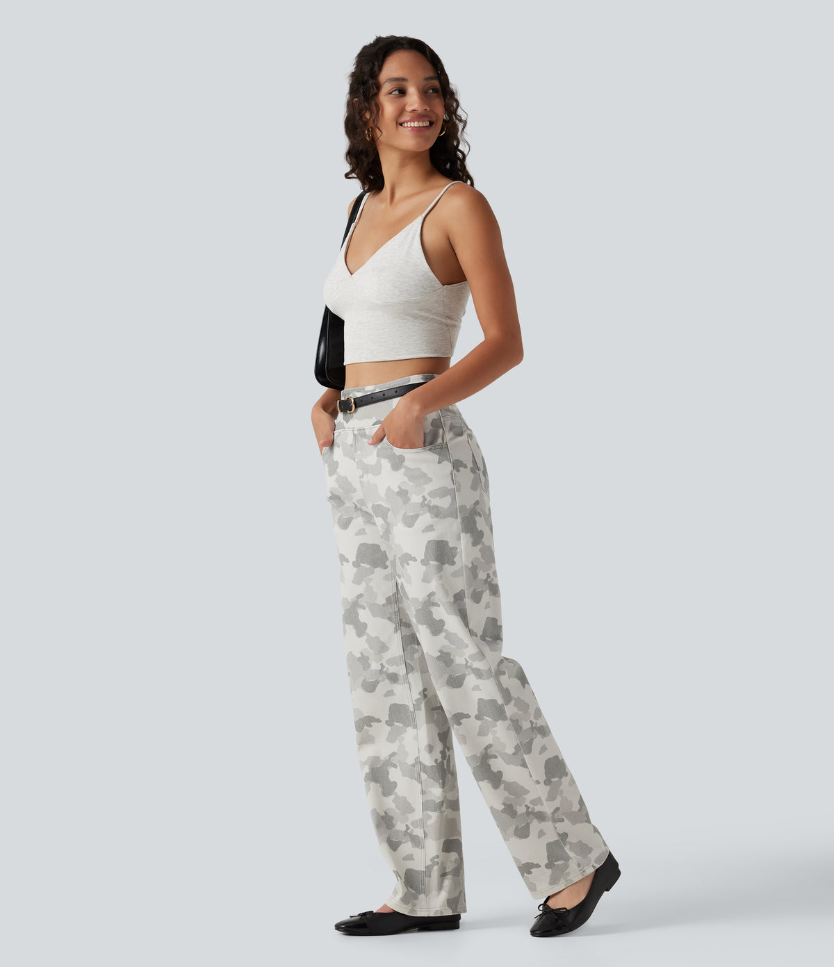High Waisted Straight Leg Camo Casual Jeans with Pockets — Camo – Light Grey White — view 8
