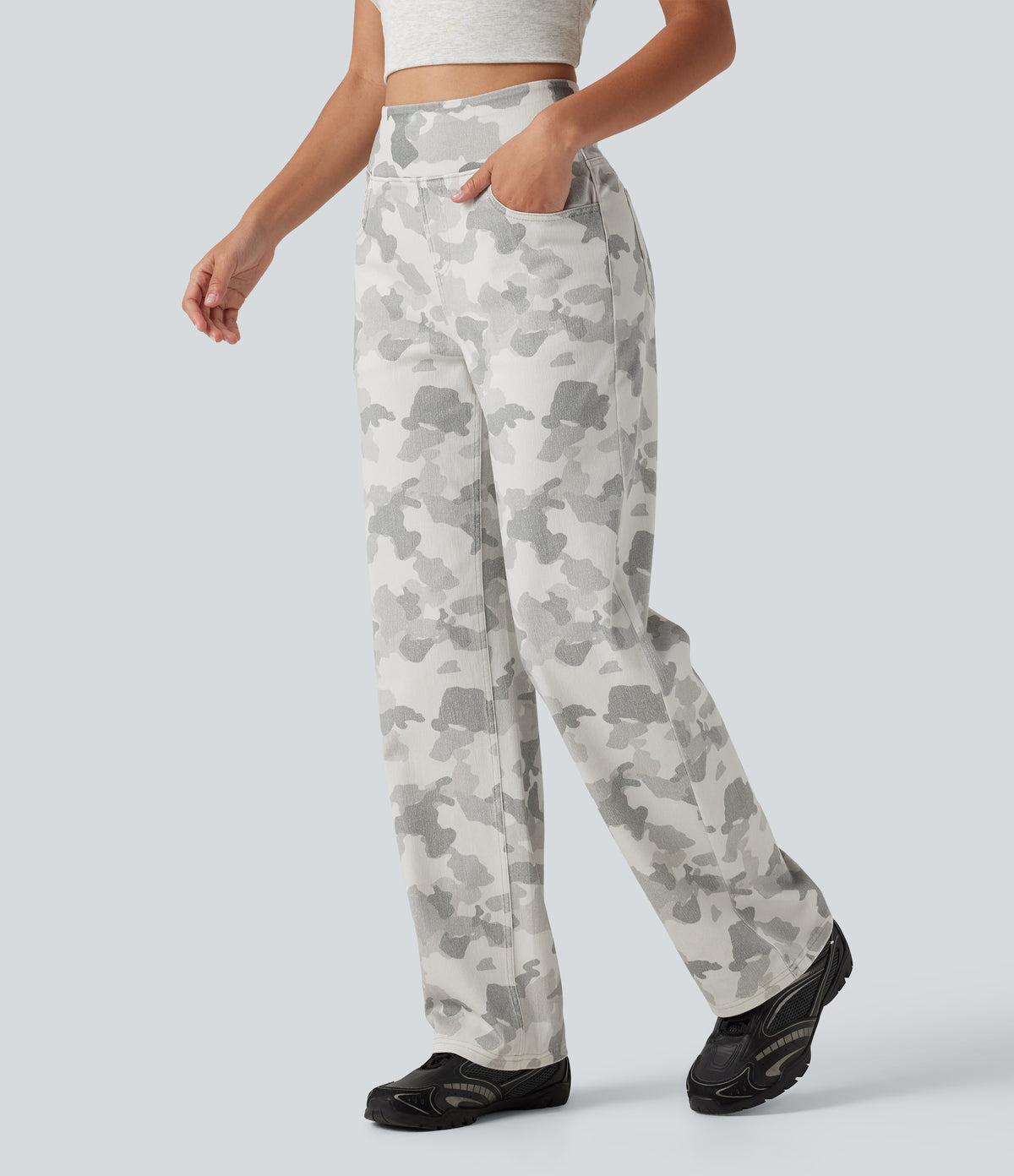 High Waisted Straight Leg Camo Casual Jeans with Pockets — Camo – Light Grey White — view 3