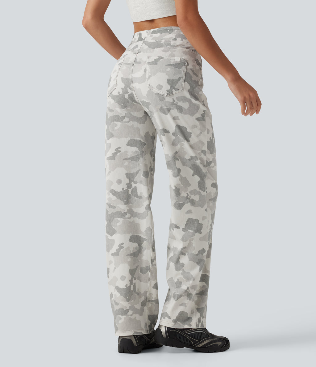 High Waisted Straight Leg Camo Casual Jeans with Pockets — Camo – Light Grey White — view 2