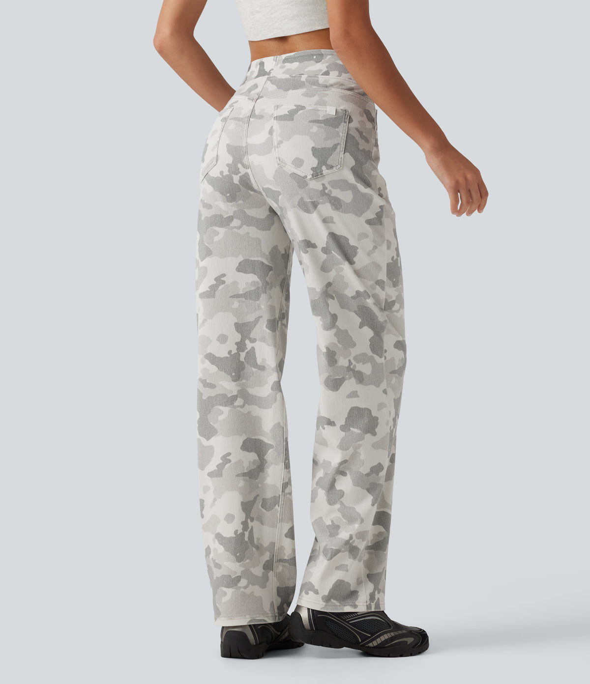 High Waisted Straight Leg Camo Casual Jeans with Pockets — Camo – Light Grey White — view 2