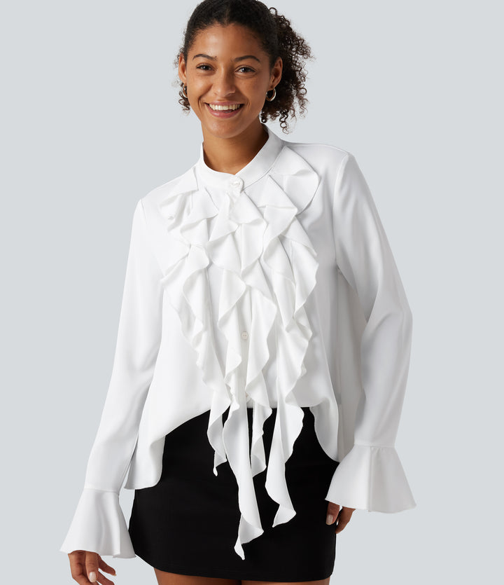 Wrinkle Recovery Stand Collar Ruffle Long Sleeve Party Shirt — White — view 1