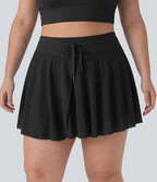 Plus Size High Waisted Drawstring Contrast Mesh 2-in-1 Flowy Mini Flare Casual Skirt with Pockets-Longer Length — Black — view 6
