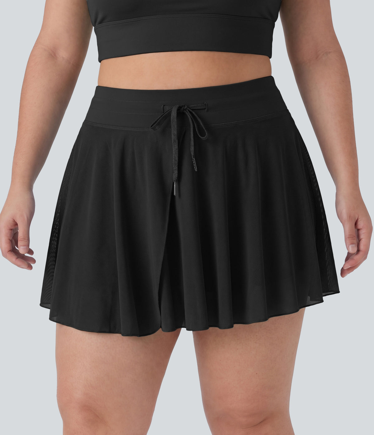 Plus Size High Waisted Drawstring Contrast Mesh 2-in-1 Flowy Mini Flare Casual Skirt with Pockets-Longer Length — Black — view 6