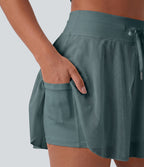 Plus Size High Waisted Drawstring Contrast Mesh 2-in-1 Flowy Mini Flare Casual Skirt with Pockets-Longer Length — Mineral Blue — view 4