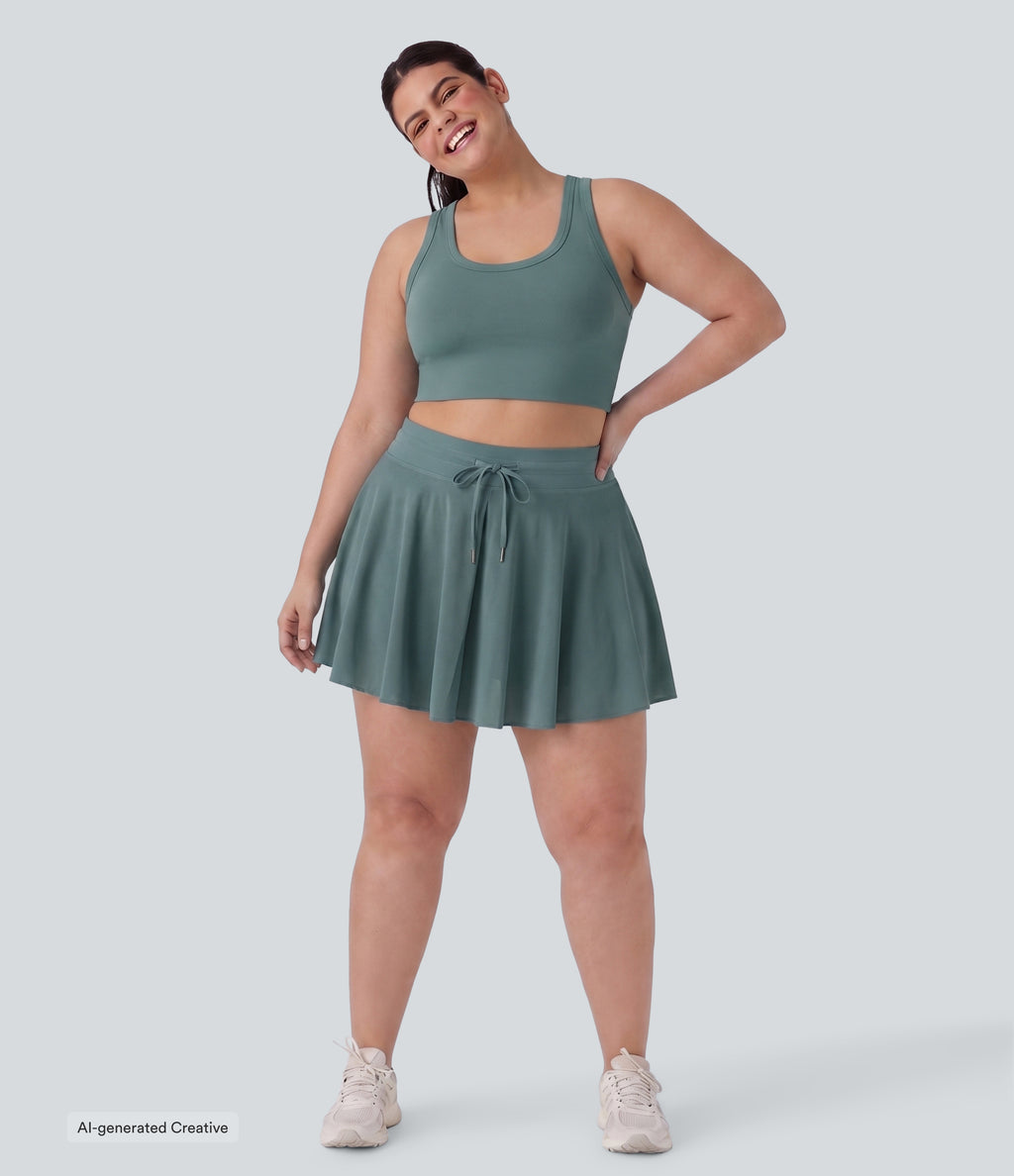 Plus Size High Waisted Drawstring Contrast Mesh 2-in-1 Flowy Mini Flare Casual Skirt with Pockets-Longer Length — Mineral Blue — view 5