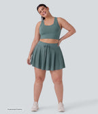 Plus Size High Waisted Drawstring Contrast Mesh 2-in-1 Flowy Mini Flare Casual Skirt with Pockets-Longer Length — Mineral Blue — view 5