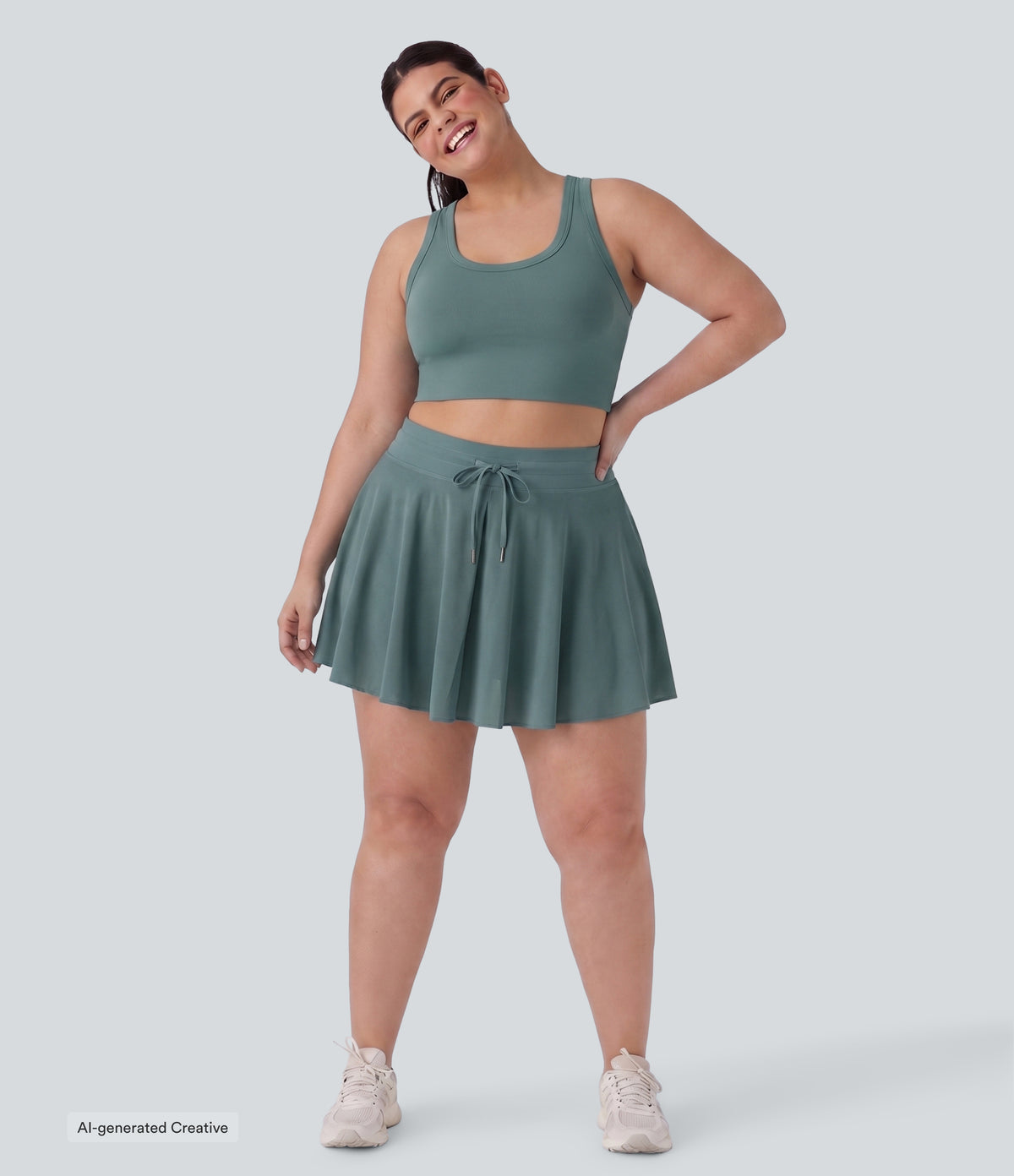 Plus Size High Waisted Drawstring Contrast Mesh 2-in-1 Flowy Mini Flare Casual Skirt with Pockets-Longer Length — Mineral Blue — view 5