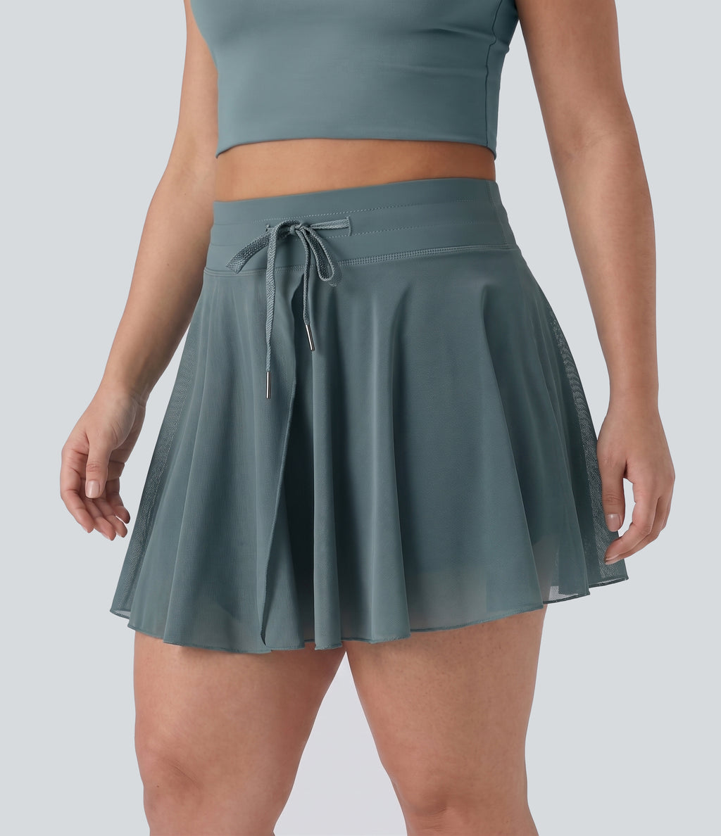 Plus Size High Waisted Drawstring Contrast Mesh 2-in-1 Flowy Mini Flare Casual Skirt with Pockets-Longer Length — Mineral Blue — view 3