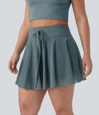 Plus Size High Waisted Drawstring Contrast Mesh 2-in-1 Flowy Mini Flare Casual Skirt with Pockets-Longer Length — Mineral Blue — view 3