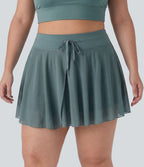 Plus Size High Waisted Drawstring Contrast Mesh 2-in-1 Flowy Mini Flare Casual Skirt with Pockets-Longer Length — Mineral Blue — view 1