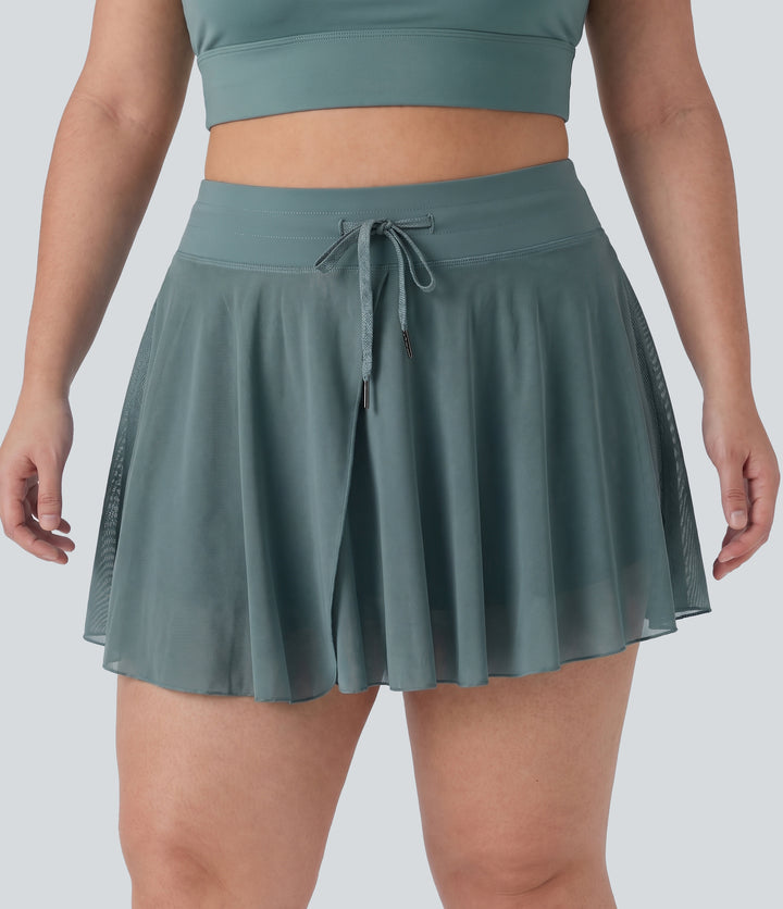 Plus Size High Waisted Drawstring Contrast Mesh 2-in-1 Flowy Mini Flare Casual Skirt with Pockets-Longer Length — Mineral Blue — view 1