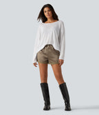 Mid Rise Drawstring Contrast Lace Satin Lounge Shorts 3'' with Pockets — Sandlot Beige — view 6