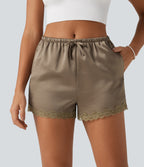 Mid Rise Drawstring Contrast Lace Satin Lounge Shorts 3'' with Pockets — Sandlot Beige — view 4