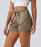 Mid Rise Drawstring Contrast Lace Satin Lounge Shorts 3'' with Pockets — Sandlot Beige — view 3