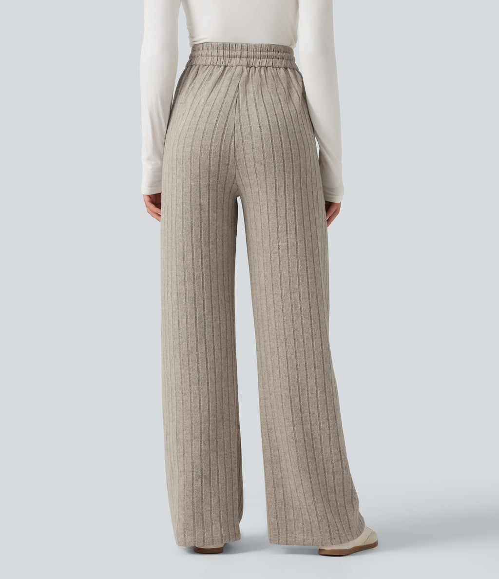 High Waisted Drawstring Baggy Casual Trousers with Pockets — Mottled Wood Brown — view 2